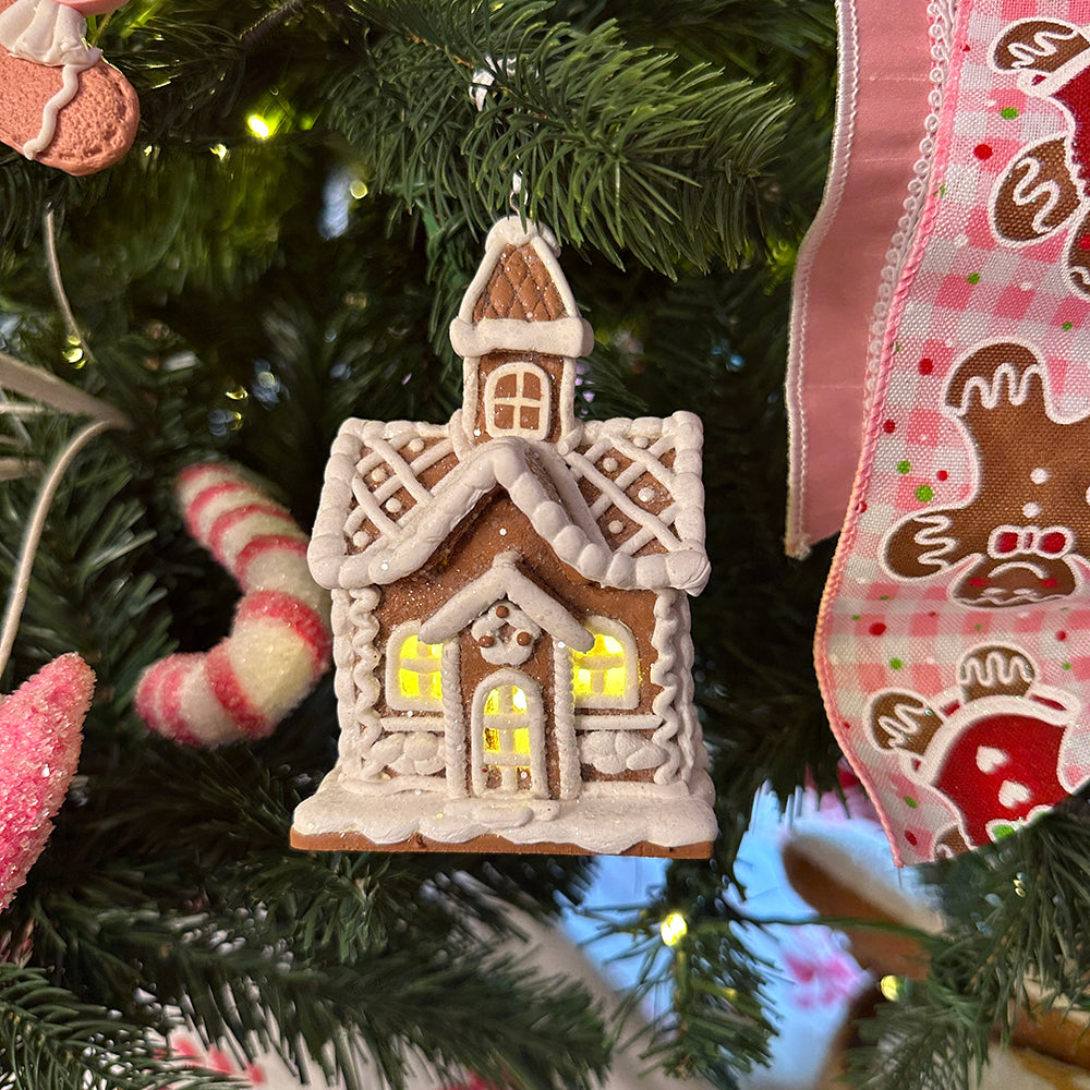 Viv! Christmas ornament - Gingerbread House incl. LED Lighting - set of 3 - brown white - 11cm