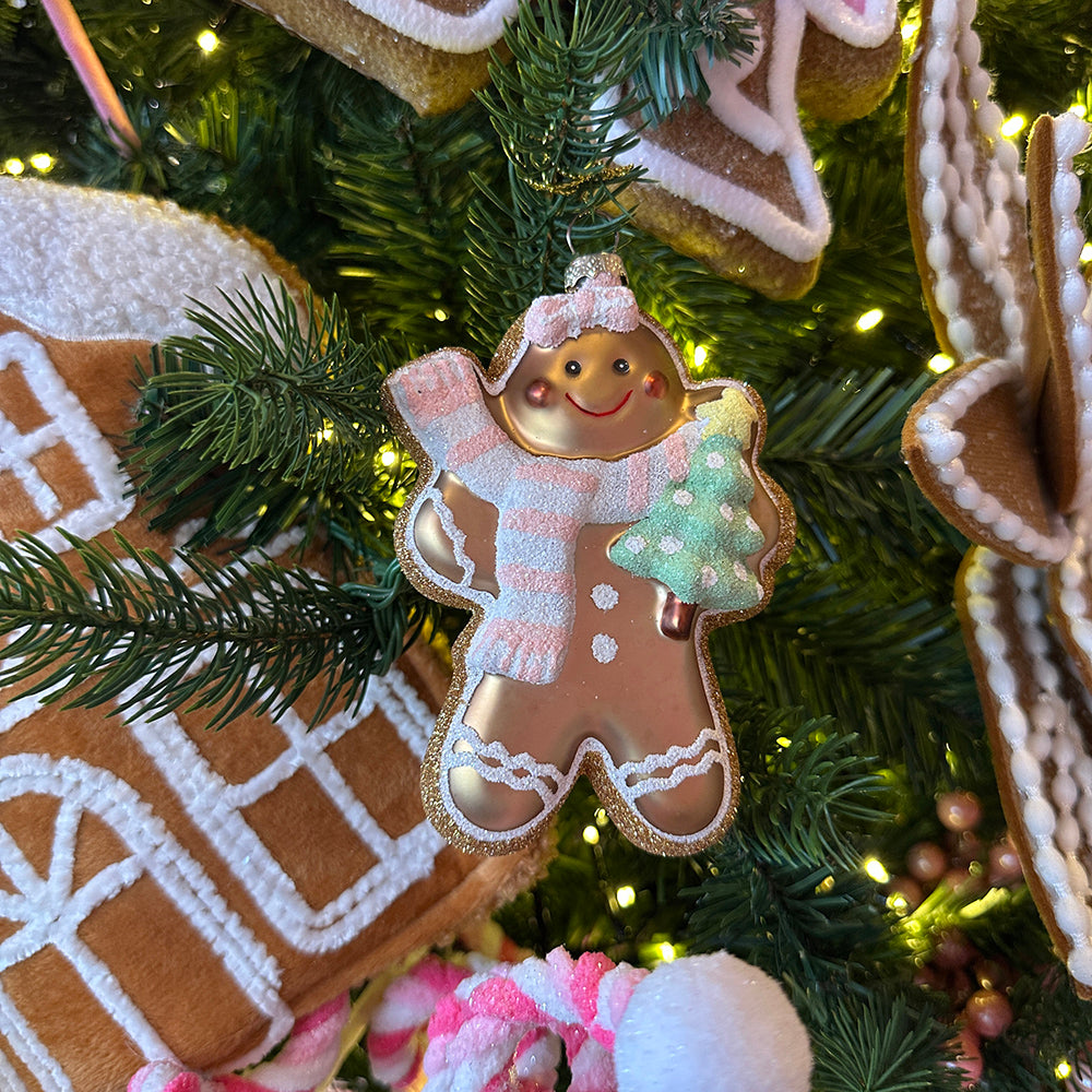 Viv! Christmas Kerstornament - Gingerbread Poppetjes - set van 2 - glas - bruin roze - 13cm