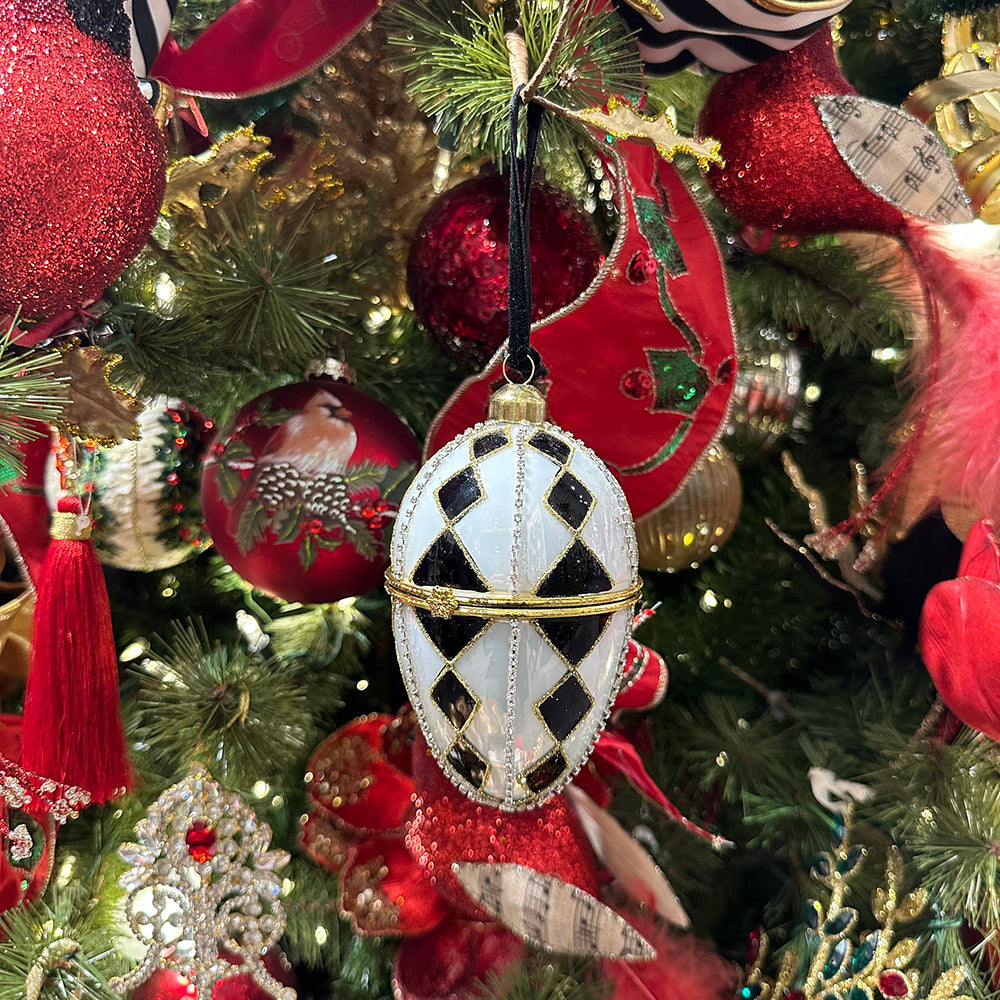 Viv! Christmas Ornament - Harlequin Fabergé Egg Jewelry Box - Glass - Black White Gold - 13cm