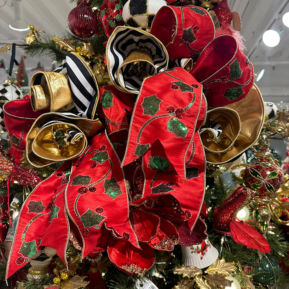 Viv! Christmas Wired Ribbon - Cotton with Lamé Stripes - black white gold - 10cm x 4.6m