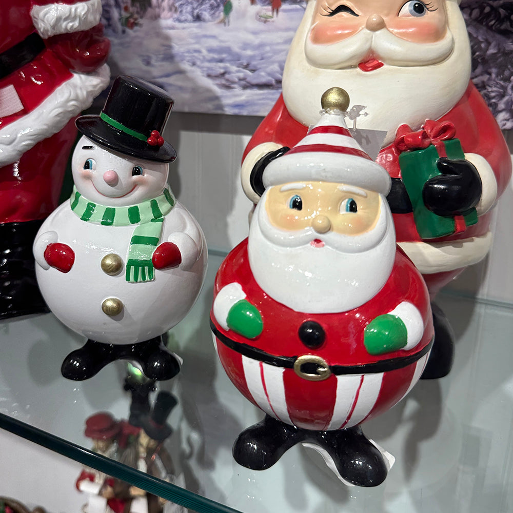 Viv! Christmas Kerstbeeld - Retro Sneeuwpop en Kerstman - set van 2 - rood wit groen - 16.5cm