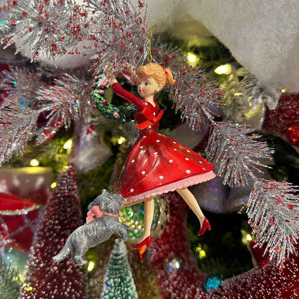 Viv! Christmas Ornament - Decorating Retro Lady with Dog - Red - 18cm