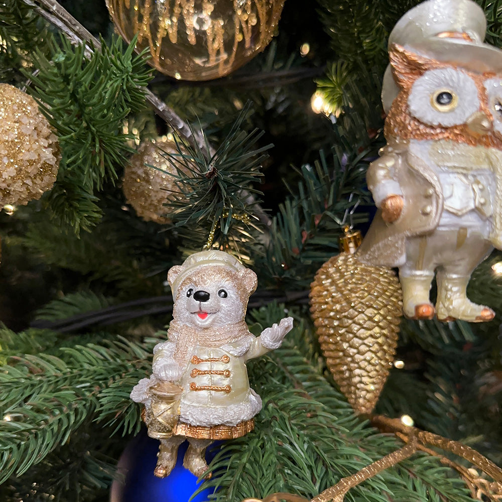 Viv! Christmas Kerstornament - Uil en Beer met Lantaarn - set van 2 - crème champagne - 9cm
