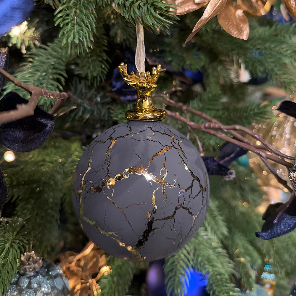 Viv! Christmas Bauble - Deer - set of 2 - glass - black with golden marble look - 13.5 cm