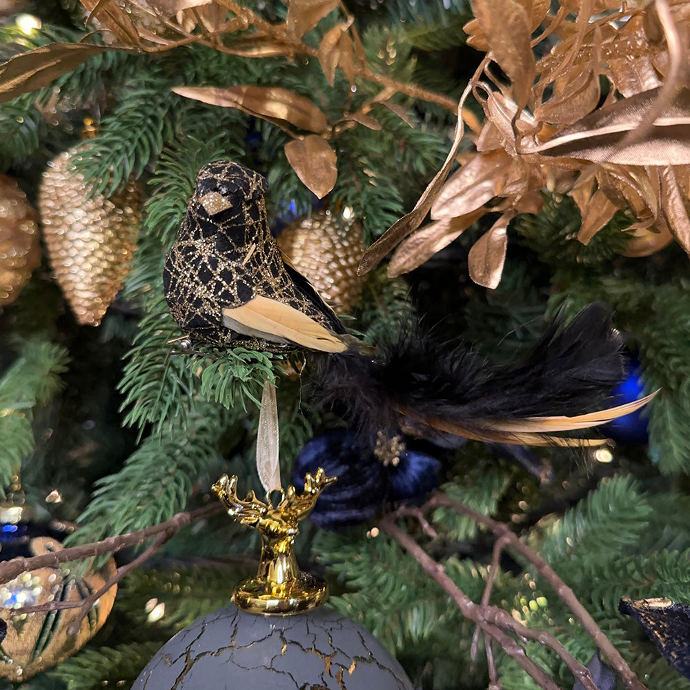 Viv! Christmas Kerstboomversiering - Vogels op Clip - set van 3 - zwart goud - 14cm