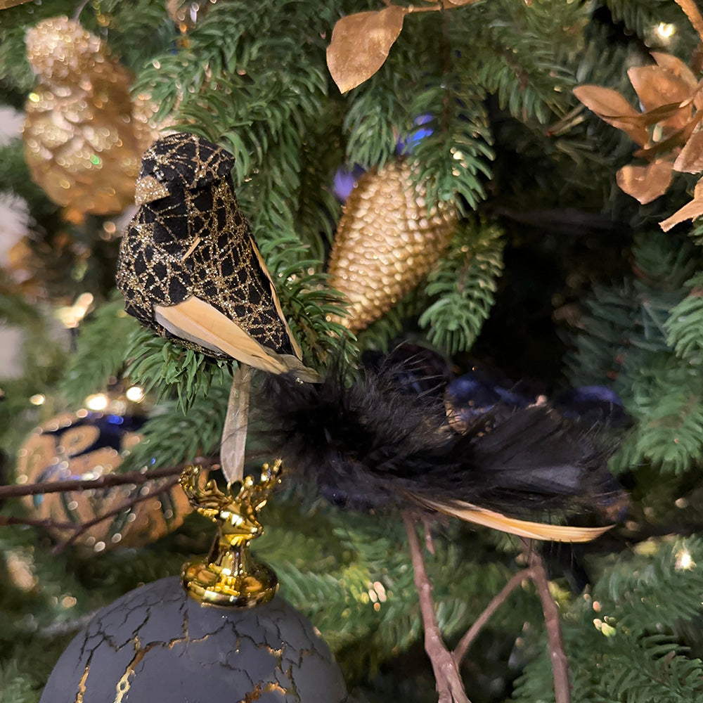 Viv! Christmas Kerstboomversiering - Vogels op Clip - set van 3 - zwart goud - 14cm