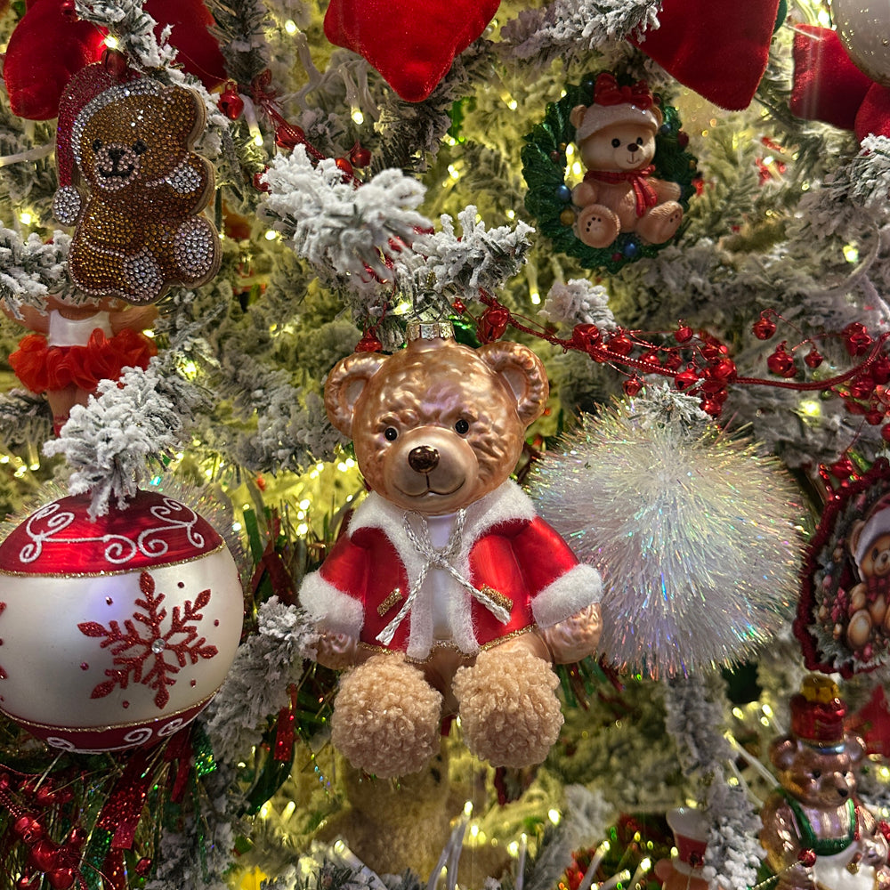 Kurt S. Adler Weihnachtsanhänger - Teddybär mit Plüschjacke - Glas - Rot Weiß - 14 cm