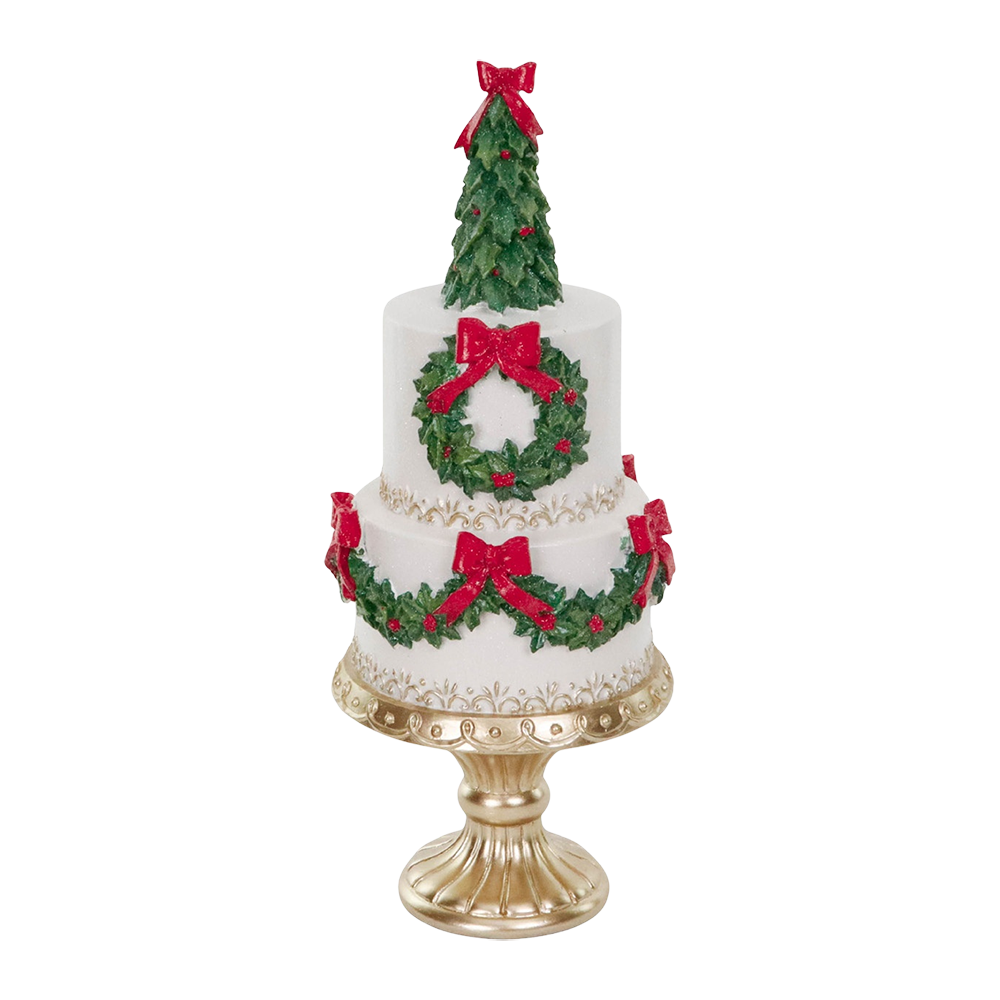 Goodwill M&G Christmas Tabletop Figure - Cake w/  Tree on Gold Pedestal - White Red Green - 41 cm
