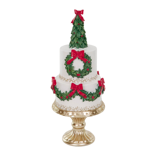 Goodwill M&G Kerstbeeld - Taart met Kerstboom op Gouden Voet - wit rood groen - 41cm
