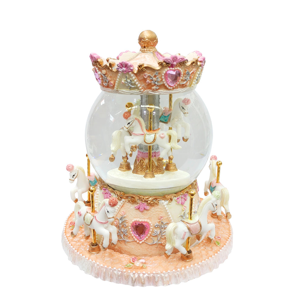 Goodwill M&G Kerst Sneeuwbol met Muziek & Beweging - Paarden Carrousel - roze - 18,5cm
