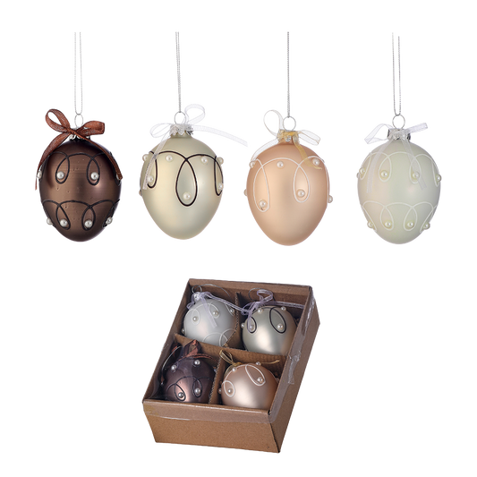 Viv! Christmas Paasdecoratie Hanger - Chocolade Paasei met Parels - set van 4 - glas - pasen - 8cm