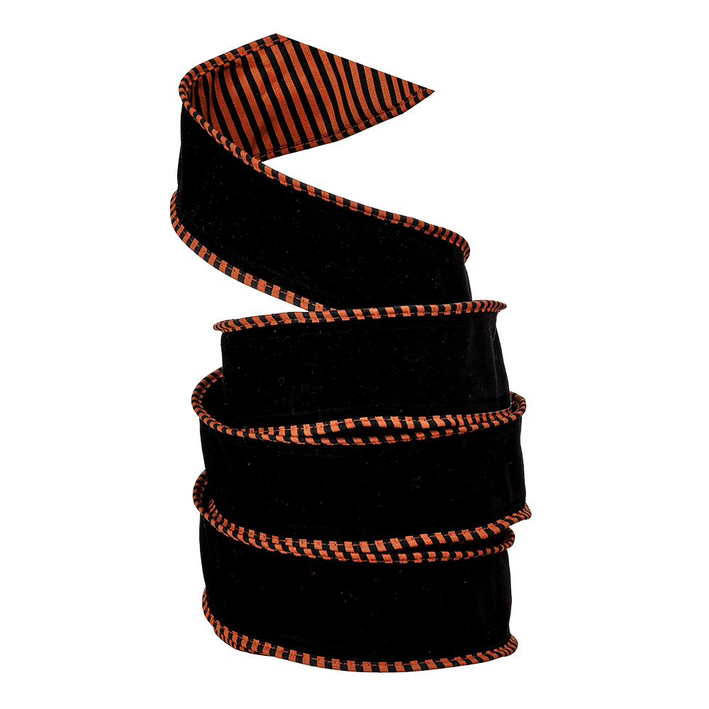 Viv! Christmas Halloween Ribbon with Wire - Dupion with Stripes - Black Orange - 6.4 cm x 9.1 m