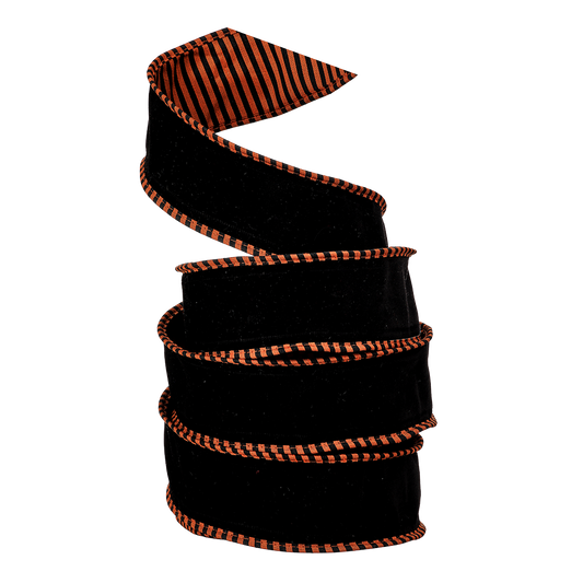 Viv! Christmas Halloween Ribbon with Wire - Dupion with Stripes - Black Orange - 6.4 cm x 9.1 m