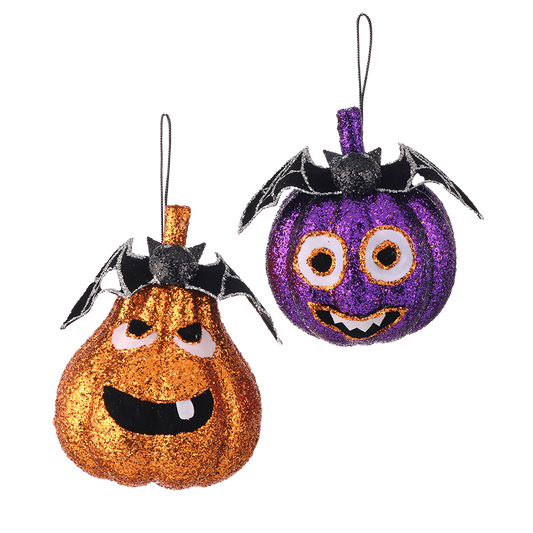 Viv! Christmas Halloween Decor - Glitter Pumpkin with Bat Ornament - set of 2 - 13-15 cm