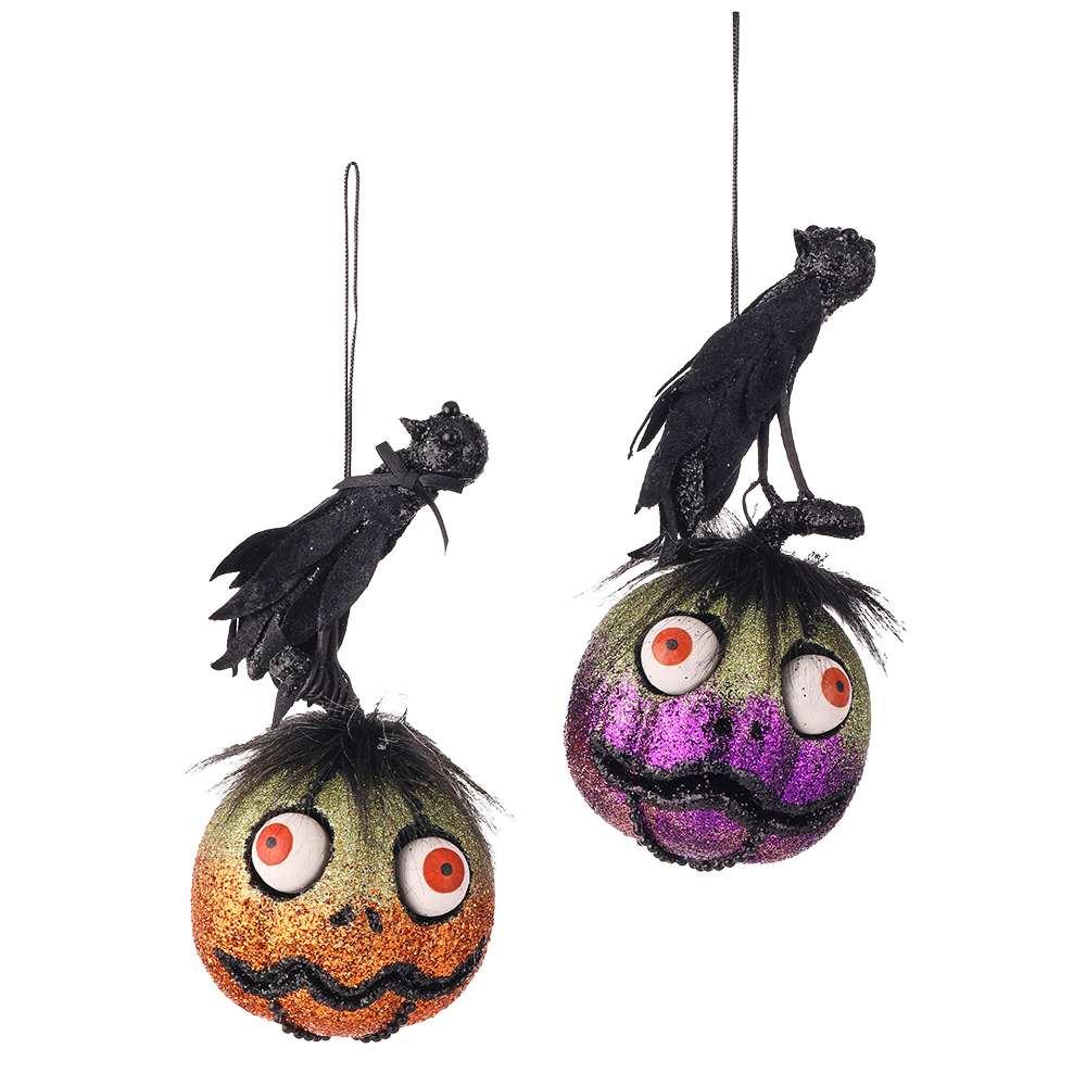 Viv! Christmas Halloween Decor - Glitter Pumpkin with Black Crow Ornament - set of 2 - 20 cm