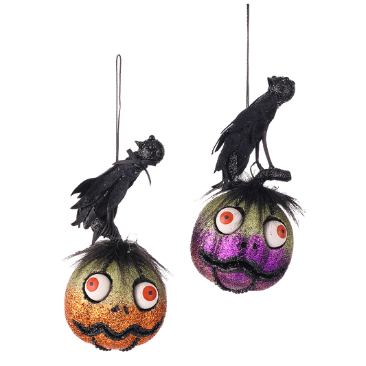 Viv! Christmas Halloween Decor - Glitter Pumpkin with Black Crow Ornament - set of 2 - 20 cm