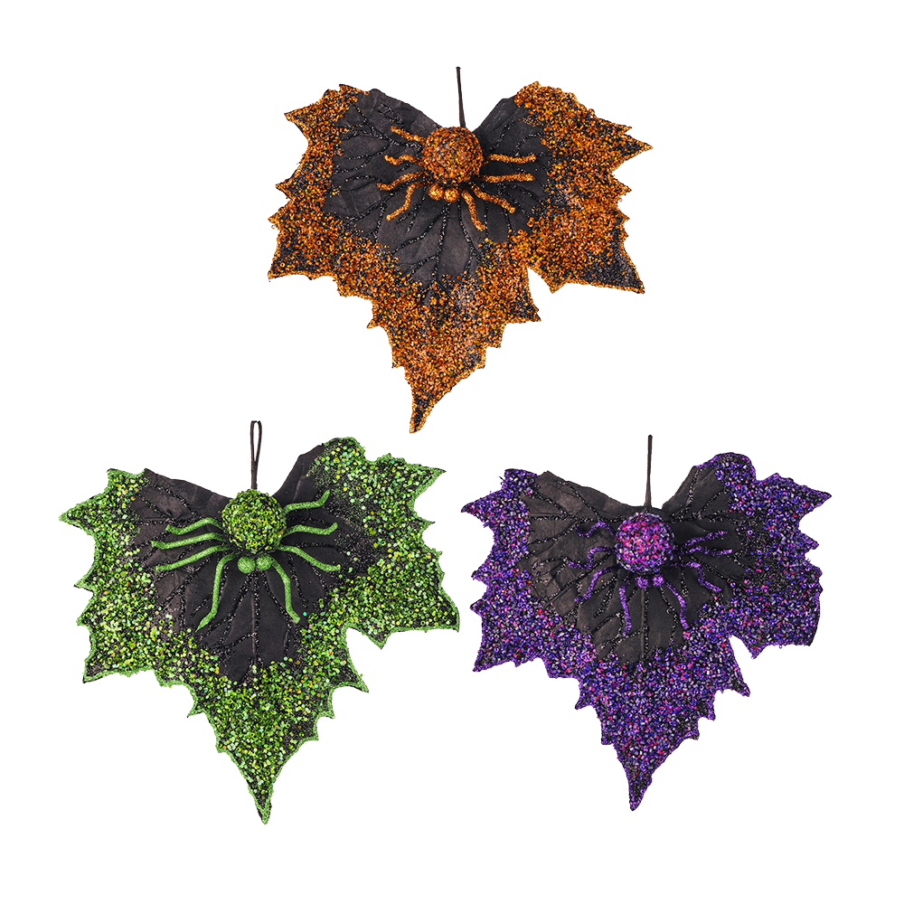 Viv! Christmas Halloween Decor - Sequin Spider with Leaf Ornament - Set of 3 - 25cm