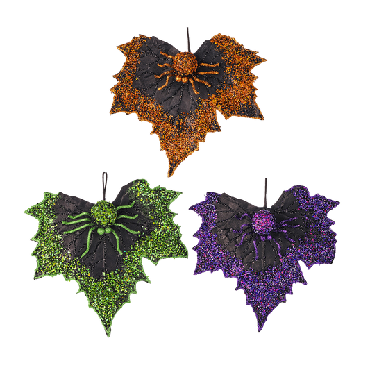 Viv! Christmas Halloween Decor - Sequin Spider with Leaf Ornament - Set of 3 - 25cm