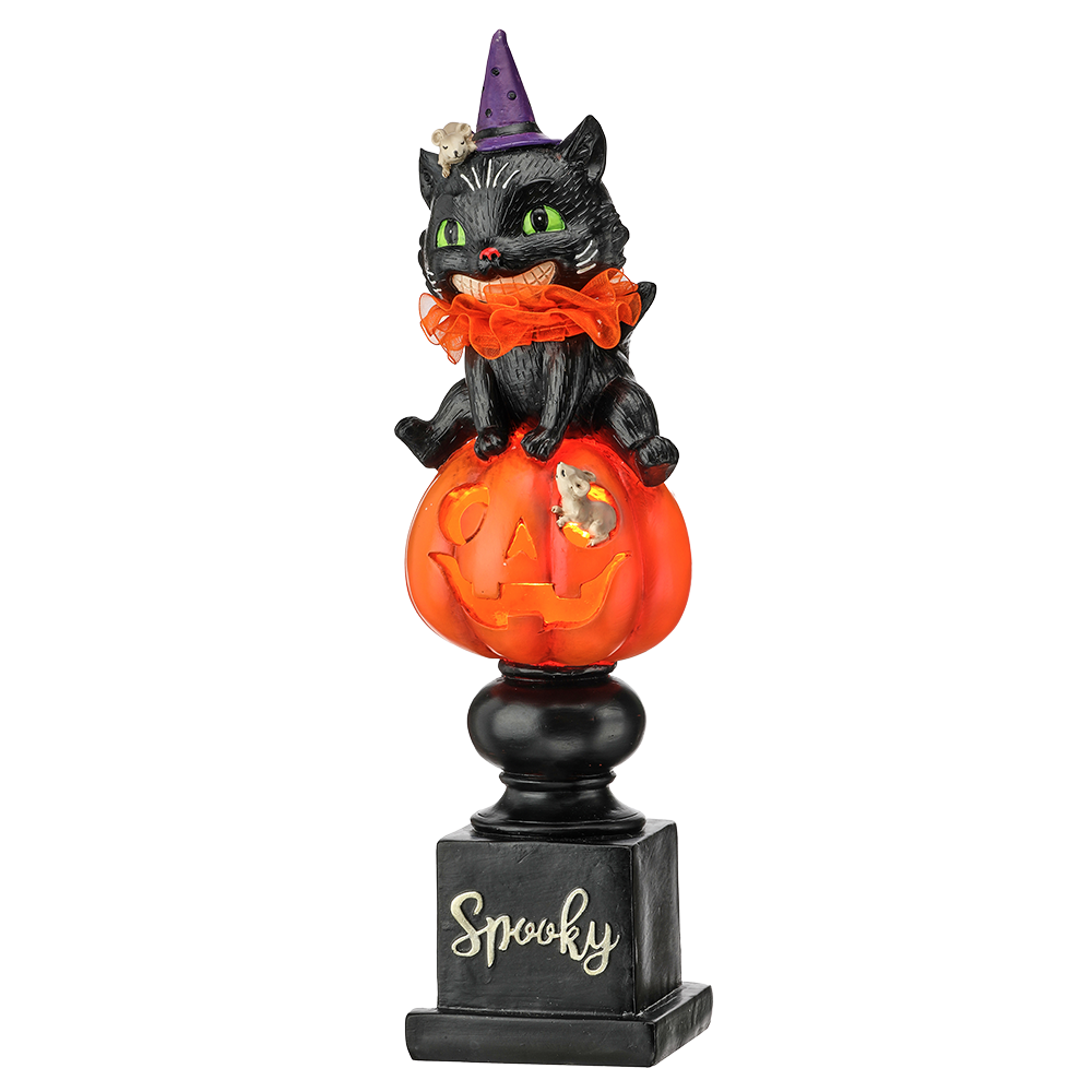 Viv! Christmas Halloween Decoratie Beeld - 'Spooky' Kat op Stapel Pompoenen incl. LED Verlichting - 36 cm
