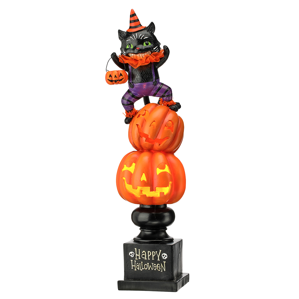 Viv! Christmas Halloween Decoratie Beeld - 'Happy Halloween' Kat op Stapel Pompoenen incl. LED Verlichting - 53 cm