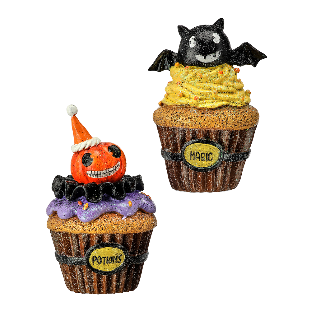 Viv! Christmas Halloween Tabletop Figurine - Bat and Pumpkin Cupcake - set of 2 - 13-14 cm