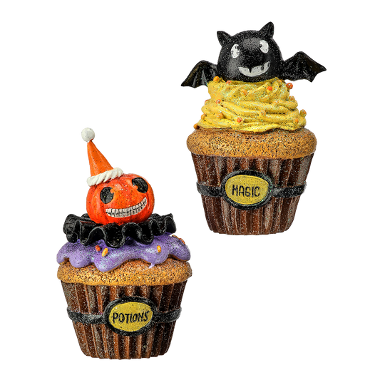 Viv! Christmas Halloween Tabletop Figurine - Bat and Pumpkin Cupcake - set of 2 - 13-14 cm