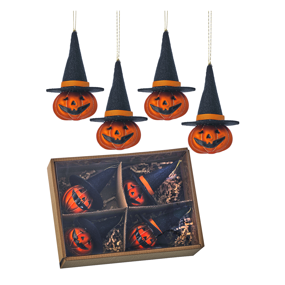 Viv! Christmas Halloween Decor - Jack-o'-lantern Pumpkin Ornament - set of 4 - glass - 11.5 cm