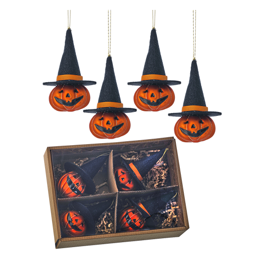 Viv! Christmas Halloween Decor - Jack-o'-lantern Pumpkin Ornament - set of 4 - glass - 11.5 cm