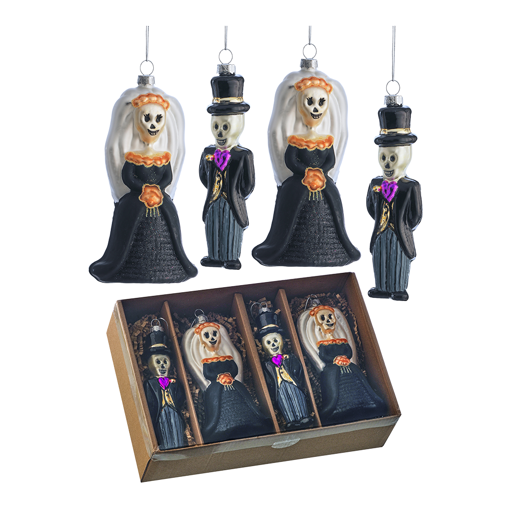 Viv! Christmas Halloween Decor - Bride & Groom Skeleton Ornament - Set of 4 - Glass - 14 cm