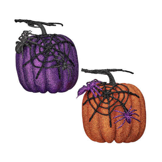 Viv! Christmas Halloween Tabletop Figurine - Glitter Pumpkin with Web & Spiders - set of 2 - 18 cm