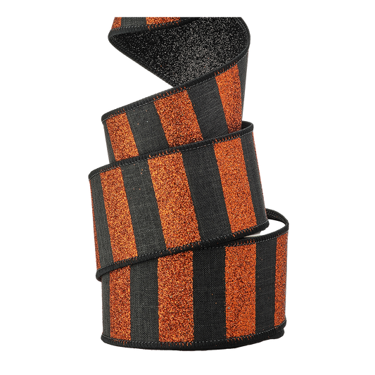 Viv! Christmas Halloween Ribbon with Wire - Glitter Stripe Metallic - Orange Black - 6.4cm x 9.1m