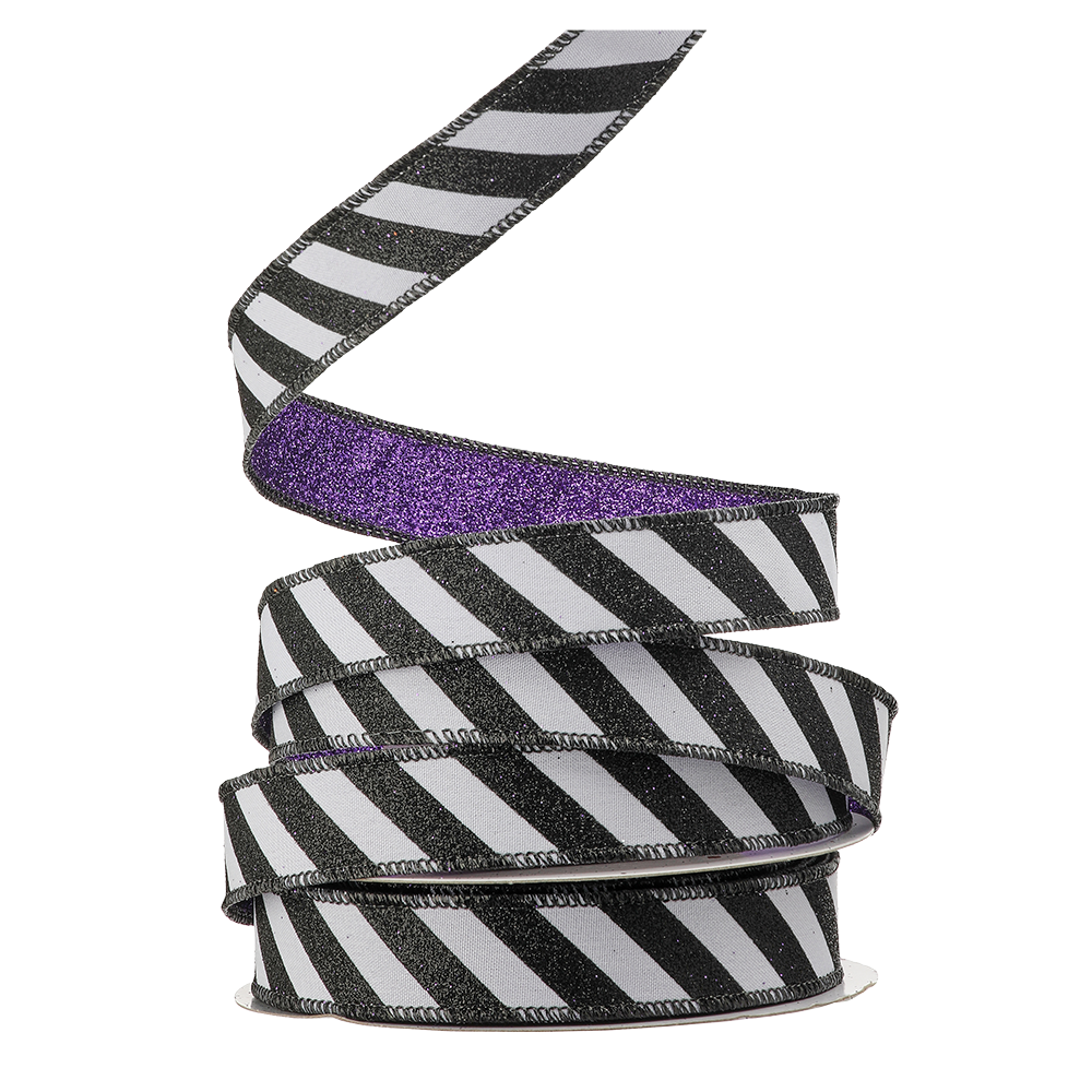 Viv! Christmas Cinta de Halloween con Alambre - Rayas de Purpurina - negro, blanco y morado - 2.5 cm x 9.1 m