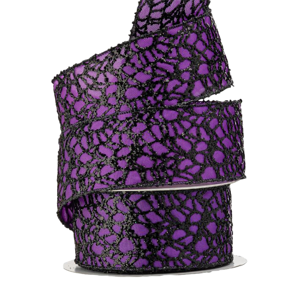 Viv! Christmas Halloween Lint met Ijzerdraad - Glitter Web Dupion Lint - paars zwart - 6.4 cm x 9.1 m