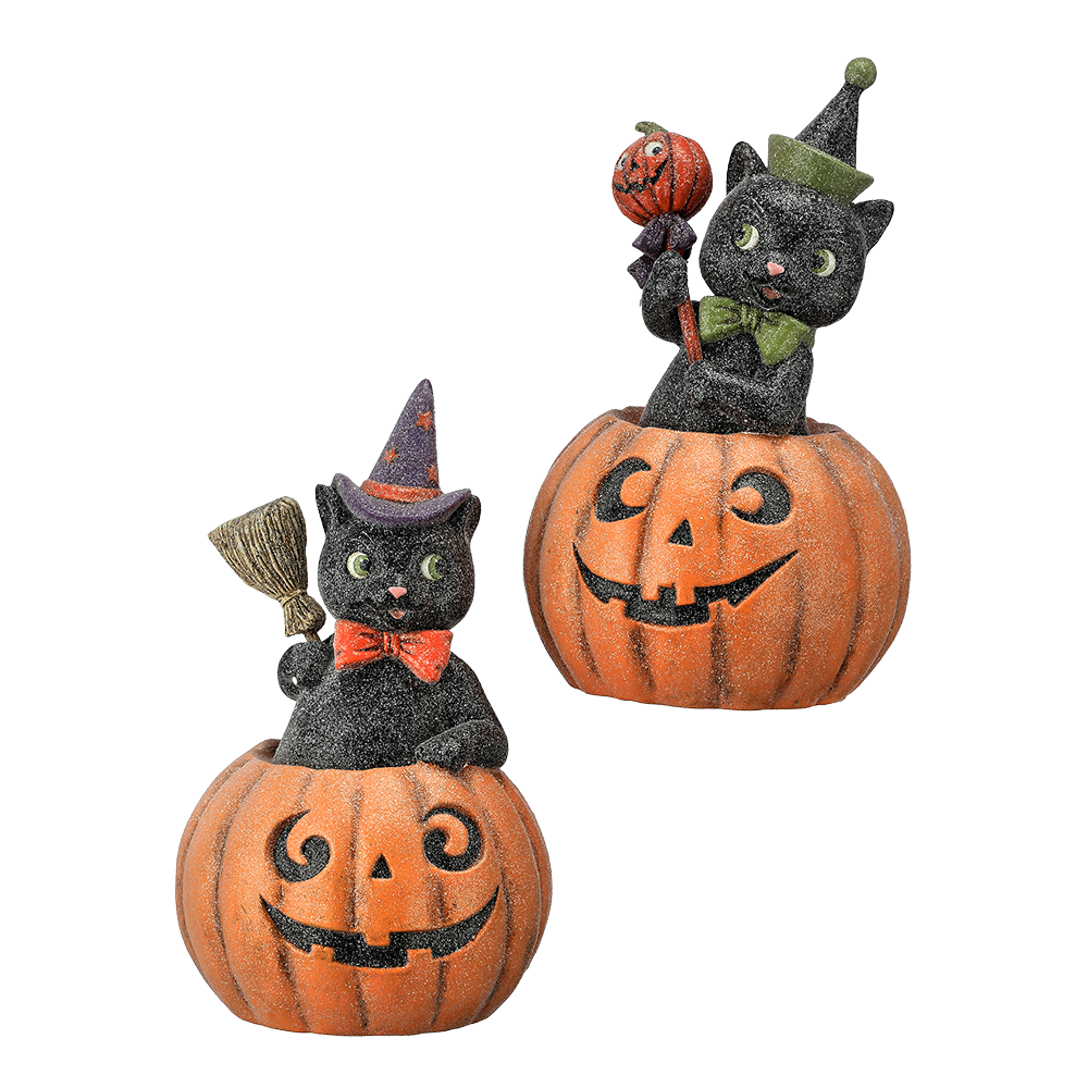 Viv! Christmas Halloween Decoratie Beeld - Zwarte Kat in Pompoen - set van 2 - 27 cm