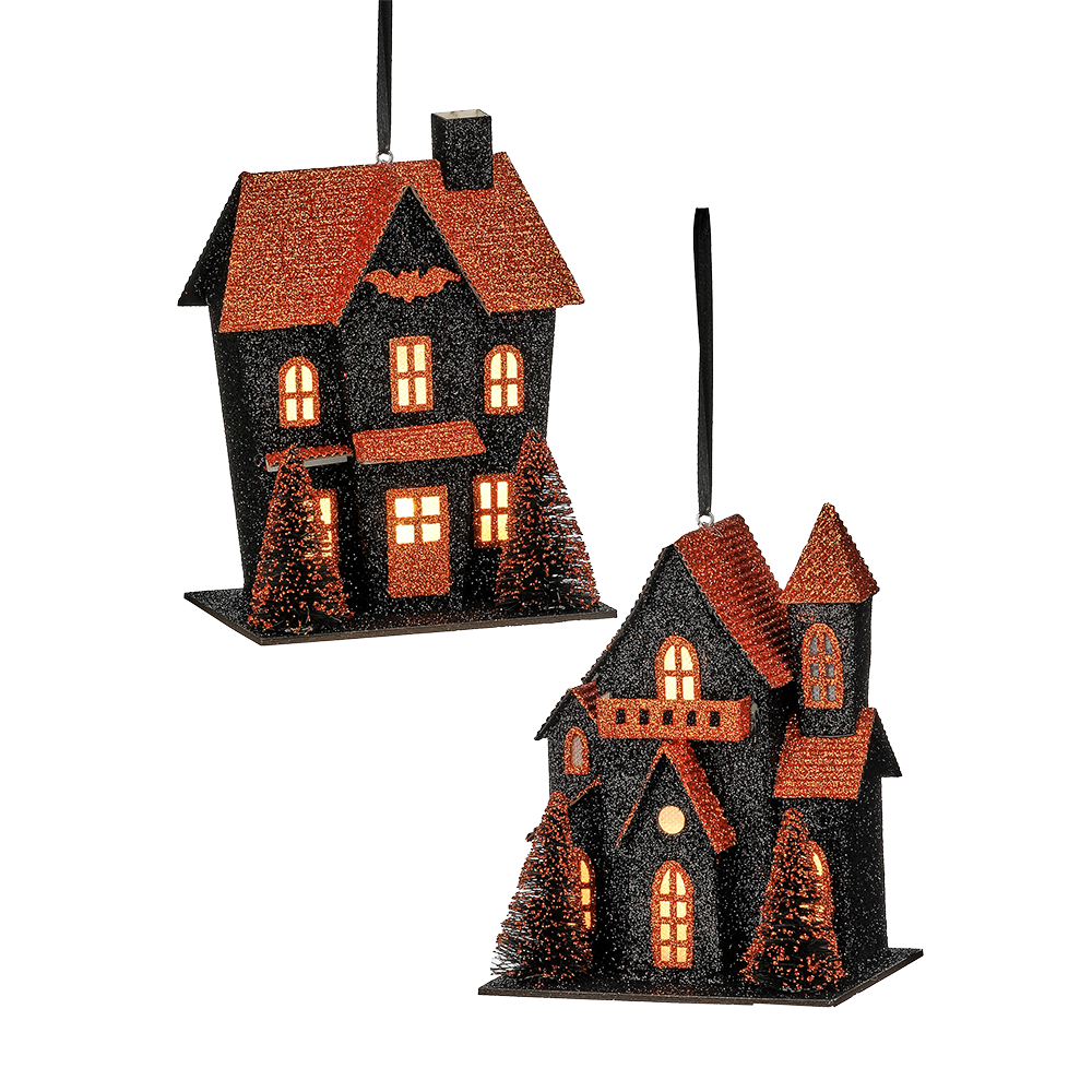 Viv! Christmas Halloween Decoration - Haunted House Ornament incl. LED Lighting - set of 2 - 13 cm