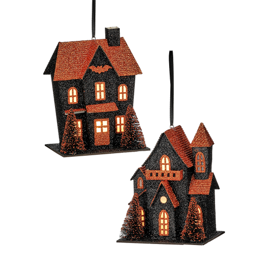 Viv! Christmas Halloween Decoration - Haunted House Ornament incl. LED Lighting - set of 2 - 13 cm