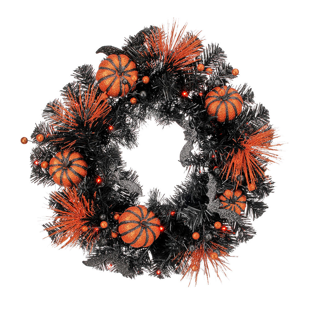 Viv! Christmas Halloween Decoration - Black Wreath with Pumpkins and Bats incl. LED Lighting - 51 cm
