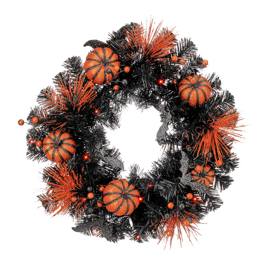 Viv! Christmas Halloween Decoration - Black Wreath with Pumpkins and Bats incl. LED Lighting - 51 cm