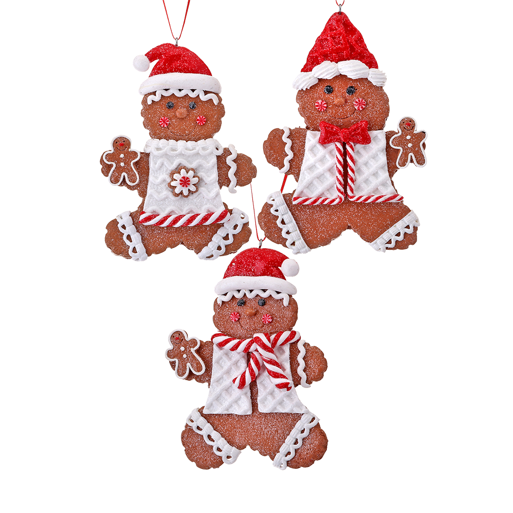 Viv! Christmas Kerstornament - Gingerbread Mannetjes met Kerstmuts - set van 3 - bruin rood - 13cm