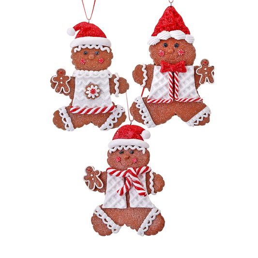 Viv! Christmas Kerstornament - Gingerbread Mannetjes met Kerstmuts - set van 3 - bruin rood - 13cm