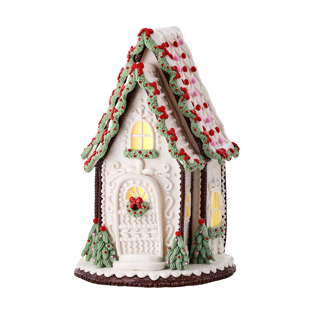 Viv! Christmas Kerstbeeld - A-Frame Gingerbread Huis incl. LED Verlichting - wit groen rood - 33cm