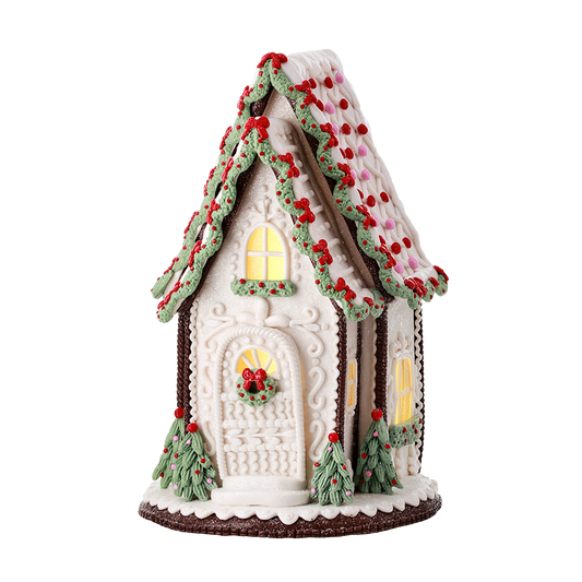 Viv! Christmas Kerstbeeld - A-Frame Gingerbread Huis incl. LED Verlichting - wit groen rood - 33cm