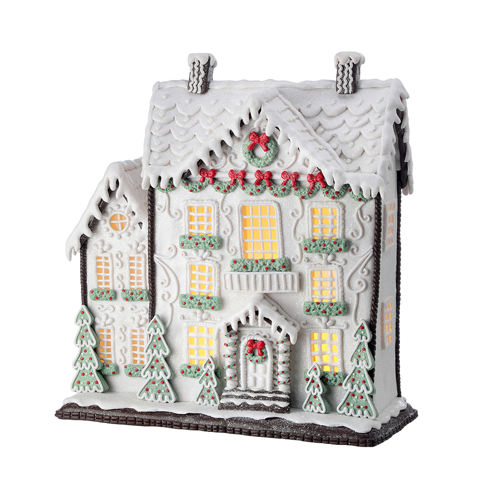 Viv! Christmas Kerstbeeld - Victoriaans Gingerbread Huis incl. LED Verlichting - wit groen rood - 34cm