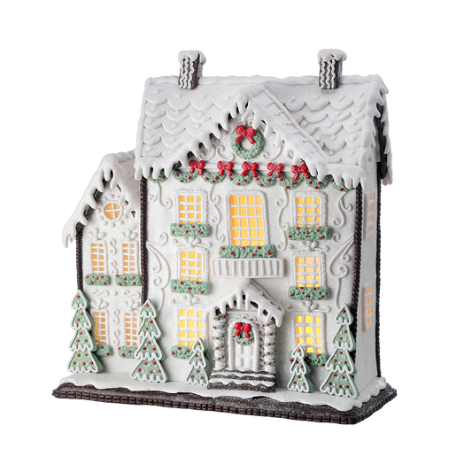Viv! Christmas Kerstbeeld - Victoriaans Gingerbread Huis incl. LED Verlichting - wit groen rood - 34cm