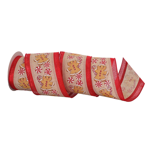 Viv! Christmas Ribbon with Iron Wire - Gingerbread & Peppermint Candy Ribbon - Brown/Red - 10cm x 9.1m