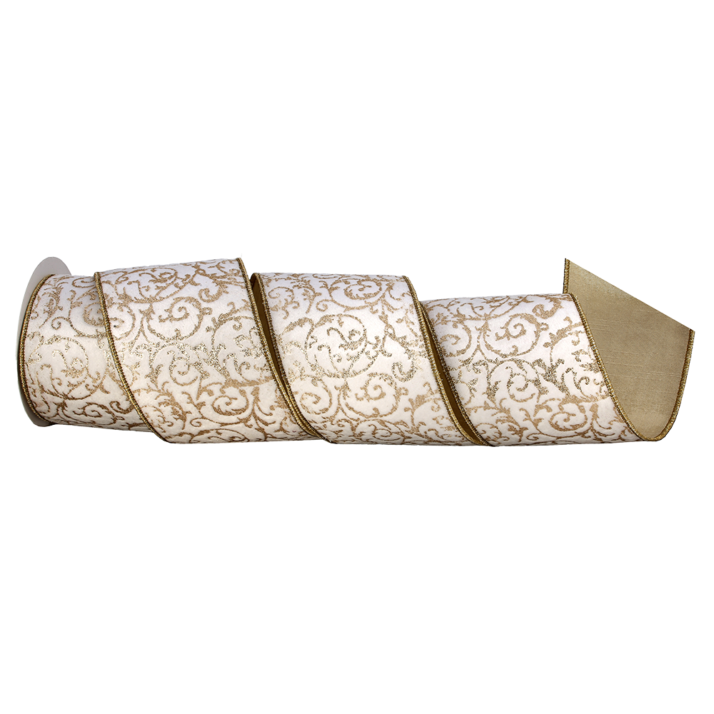Viv! Christmas Weihnachtsband mit Draht - Dupionband mit Metallic-Schnörkelmuster - Creme Gold - 10 cm x 4,6 m