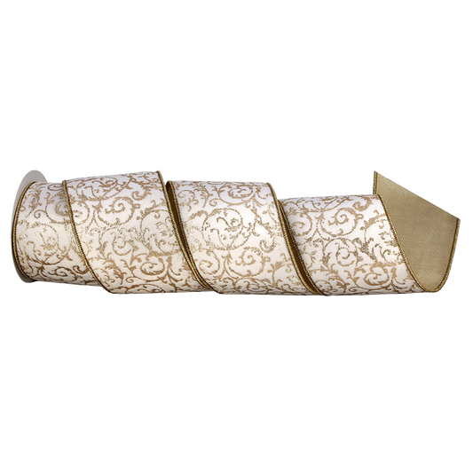 Viv! Christmas Cinta Alambrada de Navidad - Dupion con Espirales Metálicas - crema dorado - 10cm x 4,6m