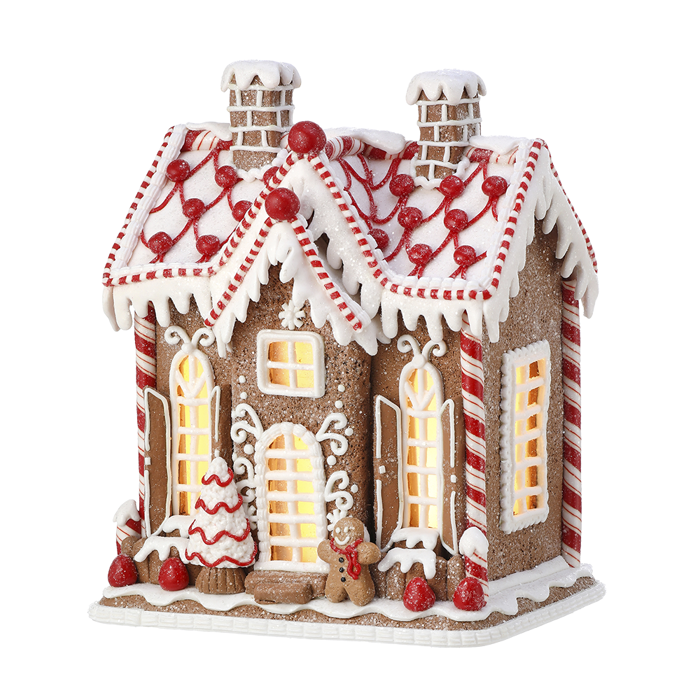 Viv! Christmas Kerstbeeld - Gingerbread Huis met Peperkoekmannetje incl. LED Verlichting - bruin rood wit - 25cm
