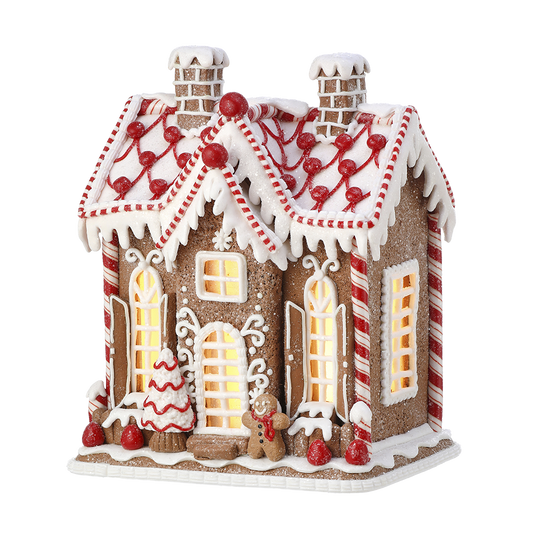 Viv! Christmas Kerstbeeld - Gingerbread Huis met Peperkoekmannetje incl. LED Verlichting - bruin rood wit - 25cm
