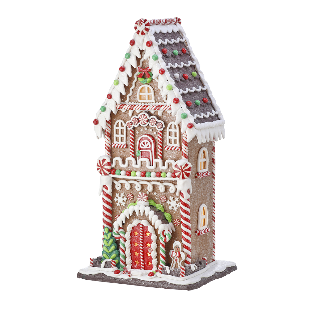 Viv! Christmas Kerstbeeld - XL Gingerbread Huis incl. LED Verlichting - bruin rood wit - 53cm